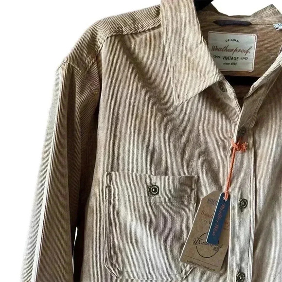 Weatherproof Brand Men's L Beige Vintage Corduroy Button-Up Shirt Long Sleeve - Picture 3 of 10